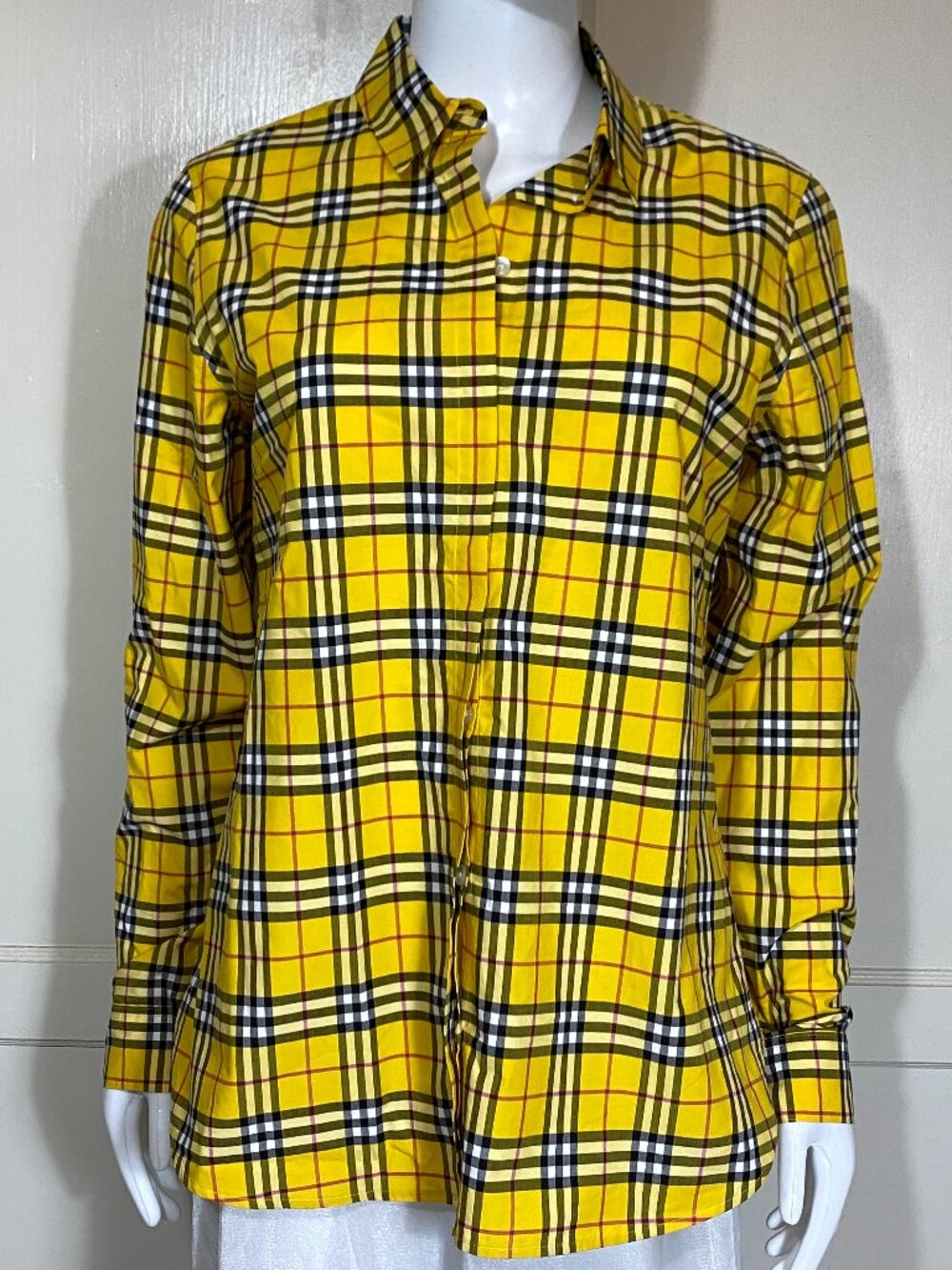 BURBERRY London Yellow Check Plaid Button Up Long Sleeve 100% Cotton Sz 8 M NWOT